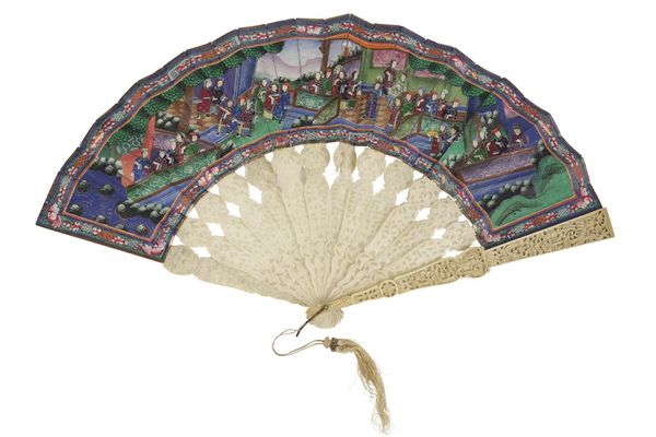 CARVED IVORY AND PAINTED FAN, 19TH CENTURY