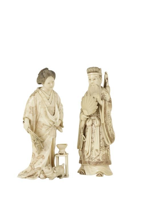 TWO CARVED IVORY OKIMONO'S, MEIJI PERIOD (1868-1912)