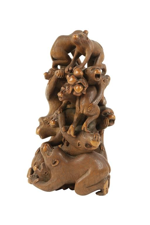 FINE CARVED BOXWOOD GROUP, SIGNED JIUN, MEIJI PERIOD (1868-1912)