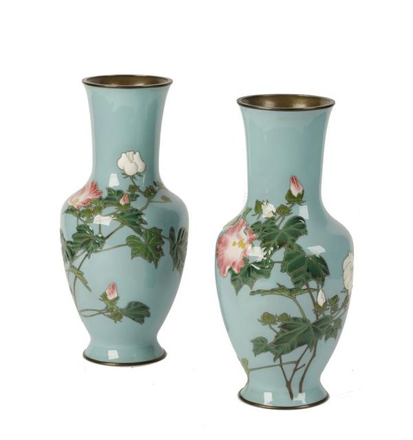 A PAIR OF MORIAGE ENAMEL CLOISONNE ENAMEL VASES, MEIJI PERIOD (1868-1912)