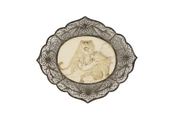 CARVED IVORY AND SILVER FILIGREE PLAQUE, MEIJI PERIOD (1868-1912)