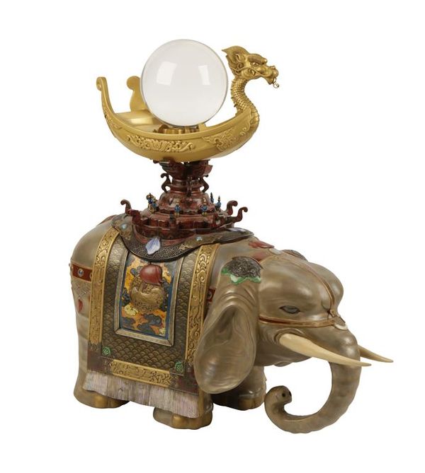 IMPRESSIVE GILTWOOD AND LACQUER MODEL OF AN ELEPHANT