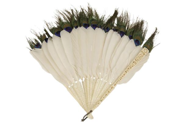 CARVED CANTON IVORY AND PEACOCK FEATHER FAN, 19TH CENTURY