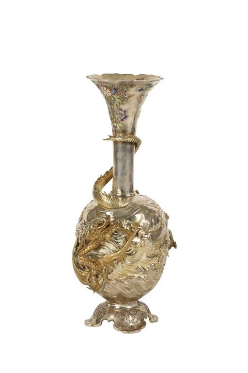 GOOD SILVER, SILVER GILT AND ENAMEL VASE, MEIJI PERIOD (1868-1912)