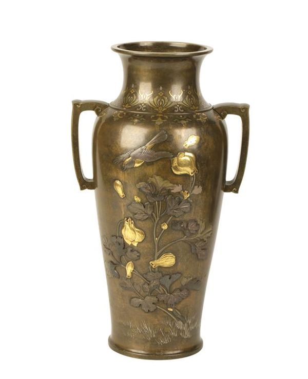 FINE BRONZE AND MIXED METAL VASE, BY UNNO SHOMIN, MEIJI PERIOD (1868-1912)