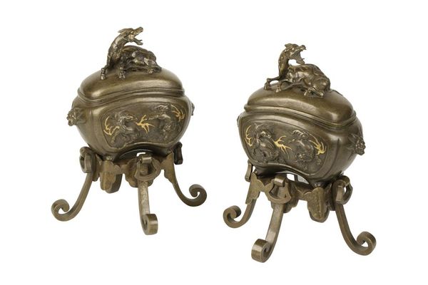 PAIR OF BRONZE MIXED METAL KORO'S, MEIJI PERIOD (1868-1912)