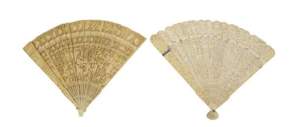 TWO CANTON BRISEE CARVED IVORY FANS, QING DYNASTY, EARLY 19TH CENTURY