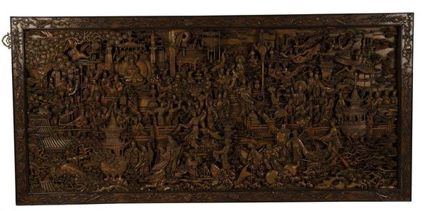 FINE AND LARGE CARVED HARDWOOD PANEL, INDONESIAN, 20TH CENTURY