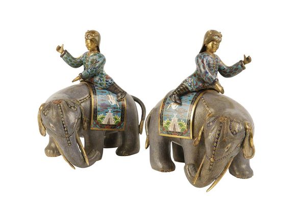 PAIR OF CLOISONNE ELEPHANTS AND RIDERS