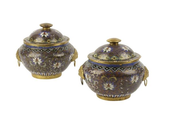 PAIR OF PURPLE-GROUND CLOISONNE COVERED URNS, QING DYNASTY, 19TH CENTURY