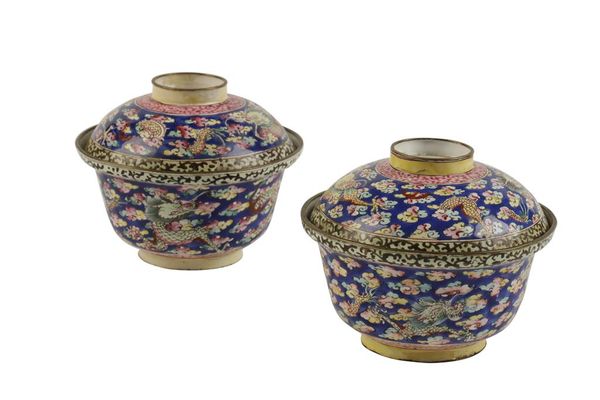 PAIR OF BLUE-GROUND CANTON ENAMEL RICE BOWLS, QING DYNASTY, 19TH CENTURY