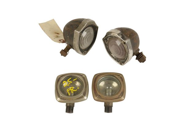 TWO 1930s ORNATE FRONT / SIDE LAMPS AND TWO INTERIOR LAMPS