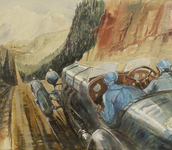 A classic car racing scene in an Alpine landscape