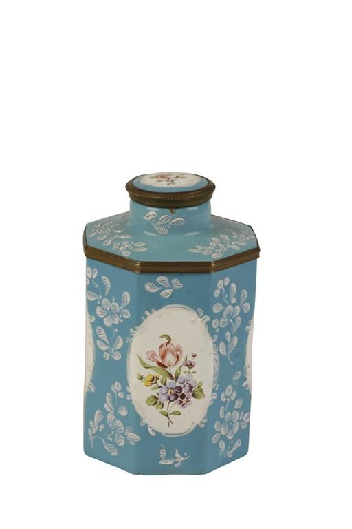 ENGLISH HEXAGONAL ENAMELLED TEA CADDY