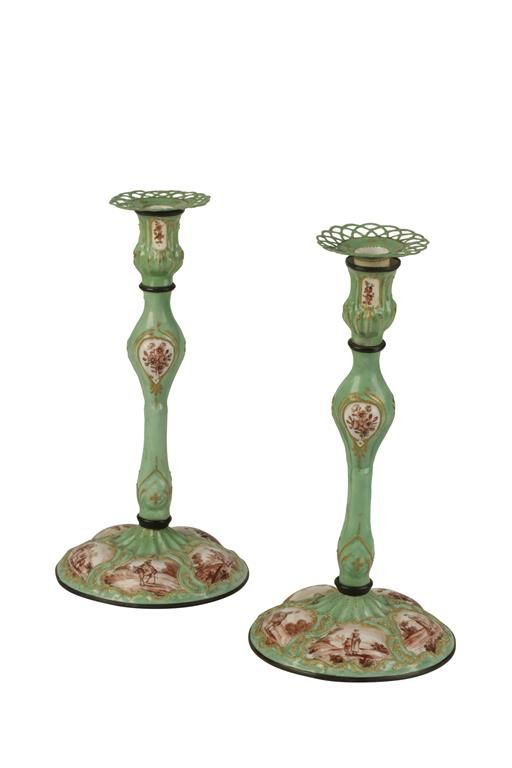 PAIR OF FRENCH ENAMELLED CANDLESTICKS IN 18TH CENTURY STYLE