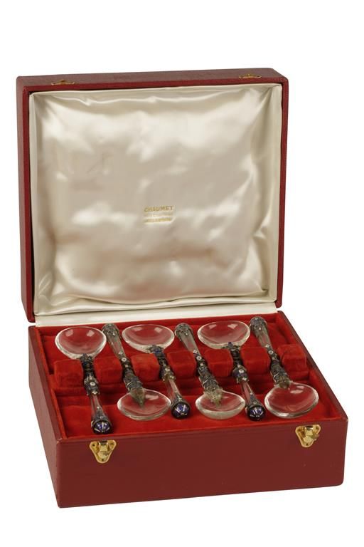 SET OF SIX LATE 19TH CENTURY AUSTRIAN ROCK CRYSTAL AND ENAMEL SPOONS