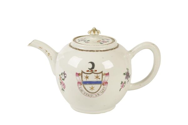 CHINESE FAMILLE ROSE EXPORT ARMORIAL TEAPOT, 18TH CENTURY