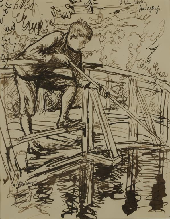 •SIR ALFRED JAMES MUNNINGS (1878-1959) A young boy fishing from a bridge