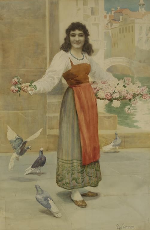 GEORGE BROWN (19TH CENTURY) A full length study of a Venetian flower seller