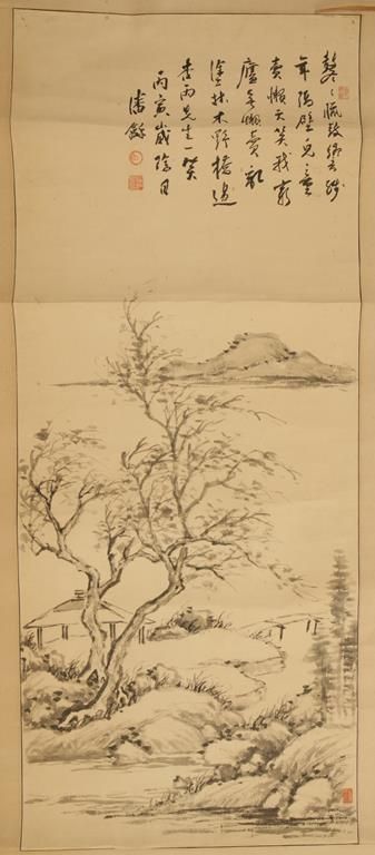 BY OR AFTER PAN SHUO A landscape with a pavilion and a bridge over a waterway