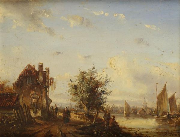 DUTCH SCHOOL, 19TH CENTURY, a river scene with figures fishing