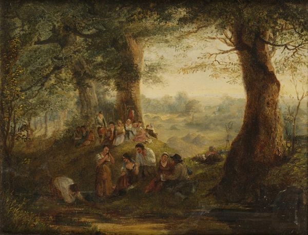 ENGLISH SCHOOL 19TH CENTURY, Figures congregating in the shade of trees beside a river