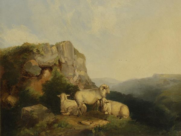 ENGLISH SCHOOL, 19TH CENTURY, Sheep in a landscape atop a rocky hil