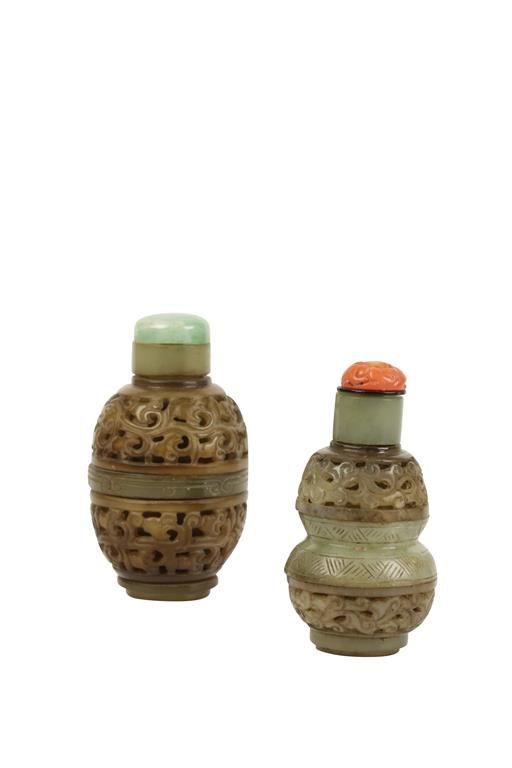 TWO CHINESE JADE RETICULATED REVOLVING SNUFF BOTTLES