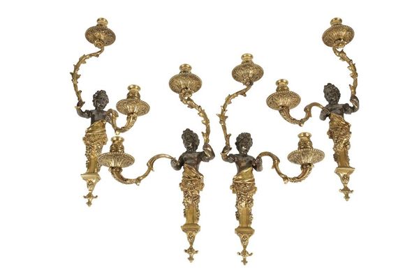 SET OF FOUR 20TH CENTURY BRONZE FIGURAL TWO-BRANCH WALL LIGHTS