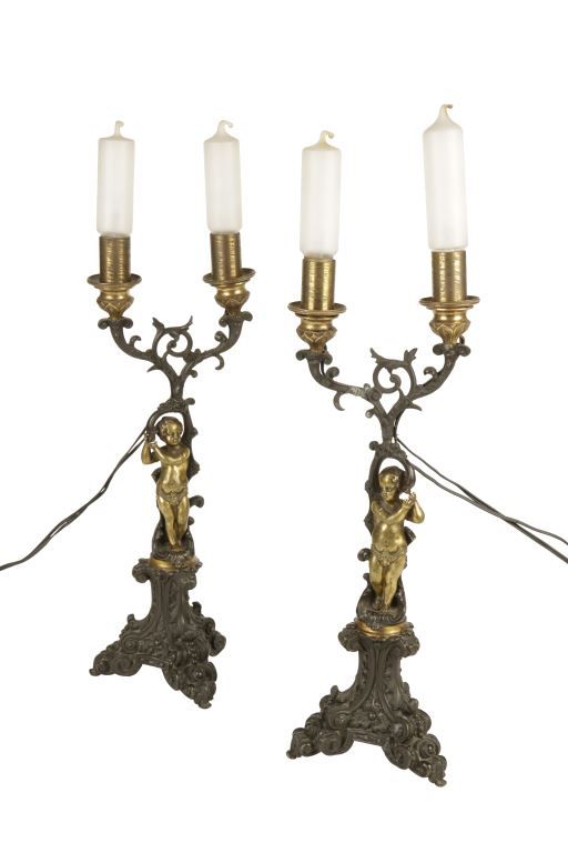 PAIR OF BRONZE TWO-BRANCH CANDELABRA