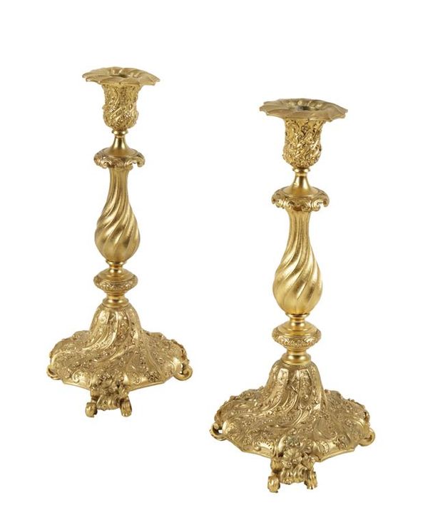 PAIR OF GILT METAL CANDLESTICKS MID-19TH CENTURY