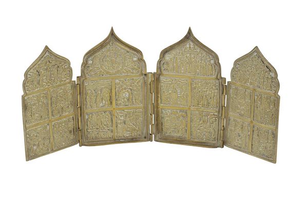 RUSSIAN 19TH CENTURY FOUR-PANEL FOLDING BRASS TABLE SCREEN