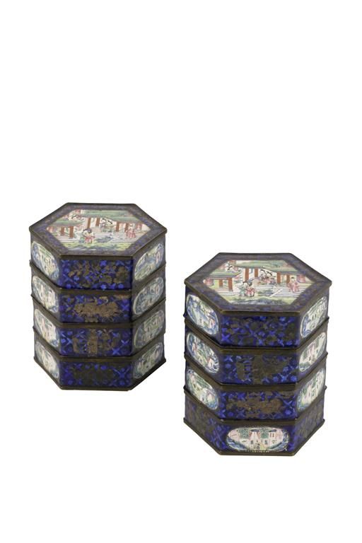 PAIR OF CHINESE BLUE LUSTRE ENAMEL FOUR-SECTION HEXAGONAL BOXES
