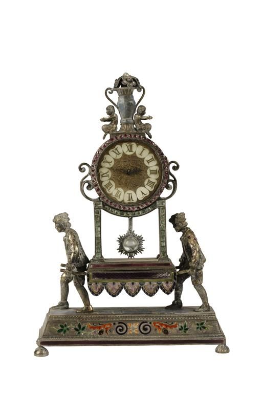 19TH CENTURY CONTINENTAL WHITE METAL AND ENAMEL DESK CLOCK