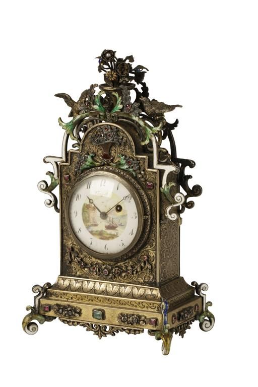 19TH CENTURY CONTINENTAL YELLOW METAL, ENAMEL AND JEWELED DESK CLOCK