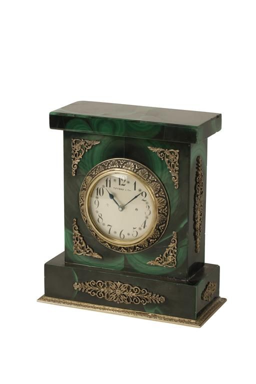 TIFFANY & CO.: MALACHITE AND WHITE METAL TABLE CLOCK