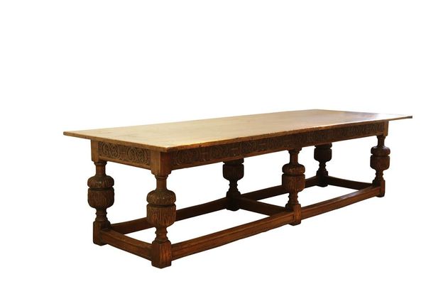 THE WRAXALL MANOR REFECTORY TABLE: A 17TH CENTURY STYLE CARVED OAK REFECTORY TABLE