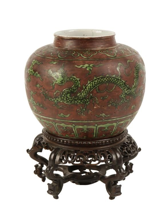 COPPER RED AND GREEN GLAZE DRAGON JAR