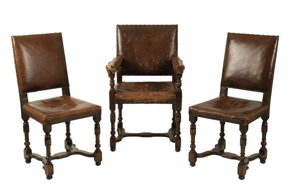 SET OF TEN 17TH CENTURY STYLE OAK AND UPHOLSTERED DINING CHAIRS EARLY 20TH CENTURY