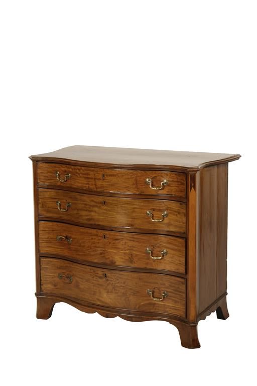 GEORGE III SERPENTINE MAHOGANY AND SATINWOOD INLAID CHEST OF DRAWERS
