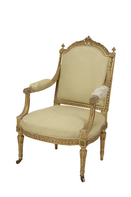 LOUIS XVI STYLE CARVED GILTWOOD AND GESSO FAUTEUIL 19TH CENTURY
