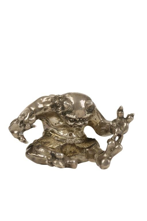 JAPANESE SILVERED BRONZE FIGURE OF AN ONI