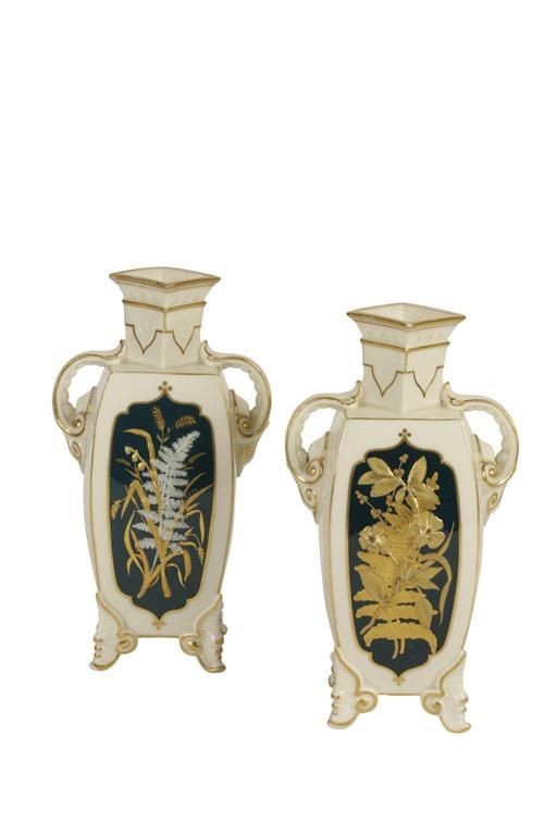 PAIR OF ROYAL WORCESTER "AESTHETIC MOVEMENT" SQUARE-SHAPED VASES