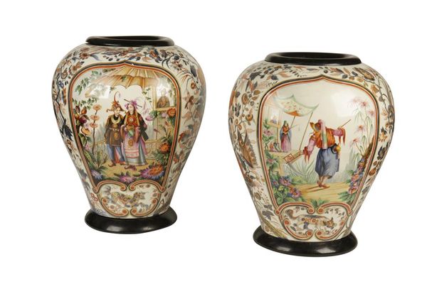 A PAIR OF CONTINENTAL IMARI STYLE BALUSTER VASES