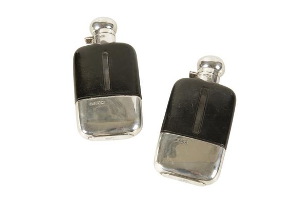 PAIR OF SILVER AND LEATHER CASED HIP FLASKS