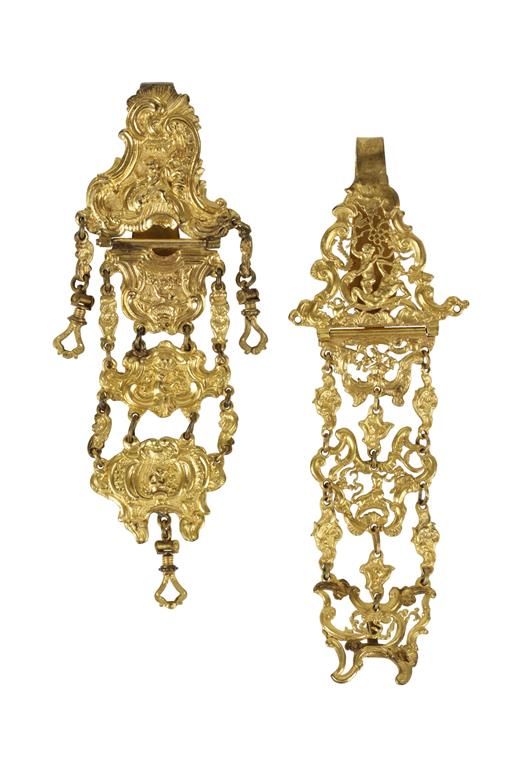 A PAIR OF CONTINENTAL GILT METAL CHATELAINS, 19TH CENTURY