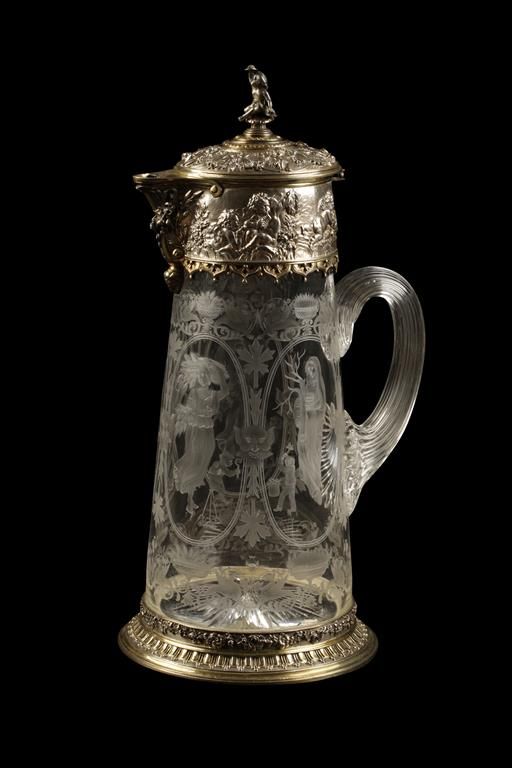 VICTORIAN PARCEL GILT ELECTROPLATED AND GLASS-MOUNTED PITCHER