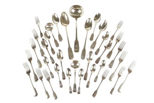 COLLECTION OF GEORGE III AND LATER FIDDLE PATTERN FLATWARE