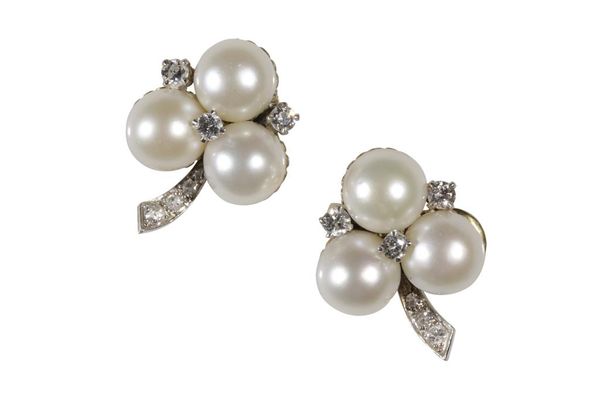 PAIR OF CULTURED PEARL AND DIAMOND EAR CLIPS