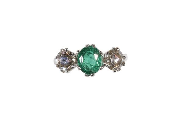 EMERALD AND DIAMOND THREE STONE RING